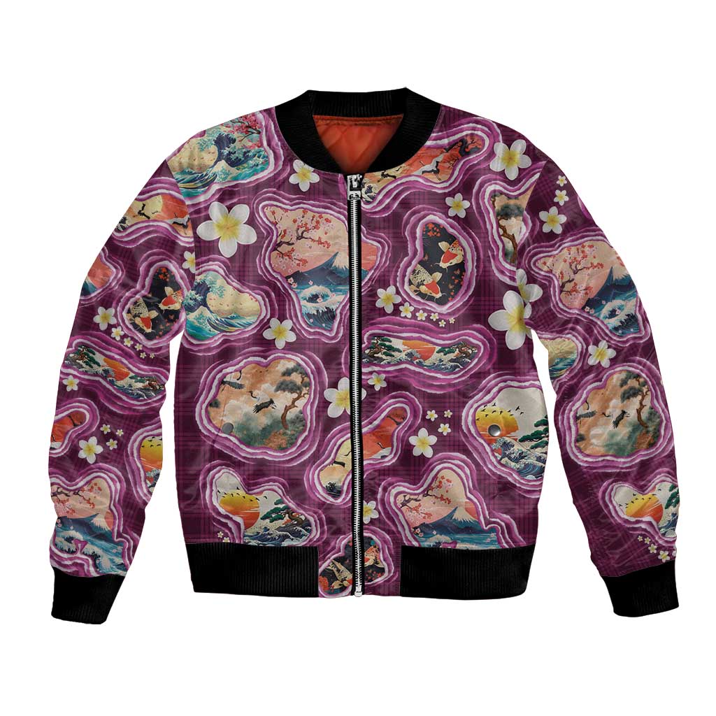 Hawaii Islands Map Design with Japanese Landscape Bomber Jacket Hawaiian Japan Fusion Art Pink Color LT03 Unisex Pink - Polynesian Pride