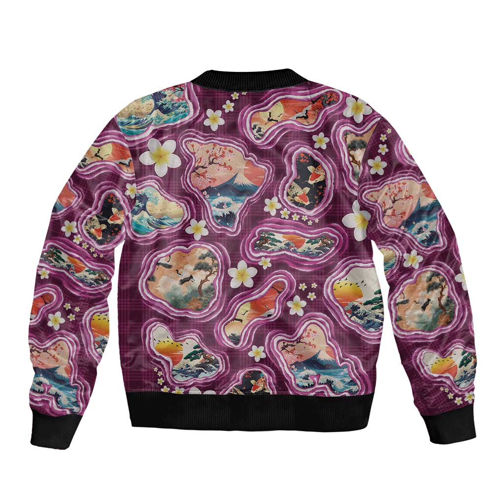 Hawaii Islands Map Design with Japanese Landscape Bomber Jacket Hawaiian Japan Fusion Art Pink Color LT03 - Polynesian Pride