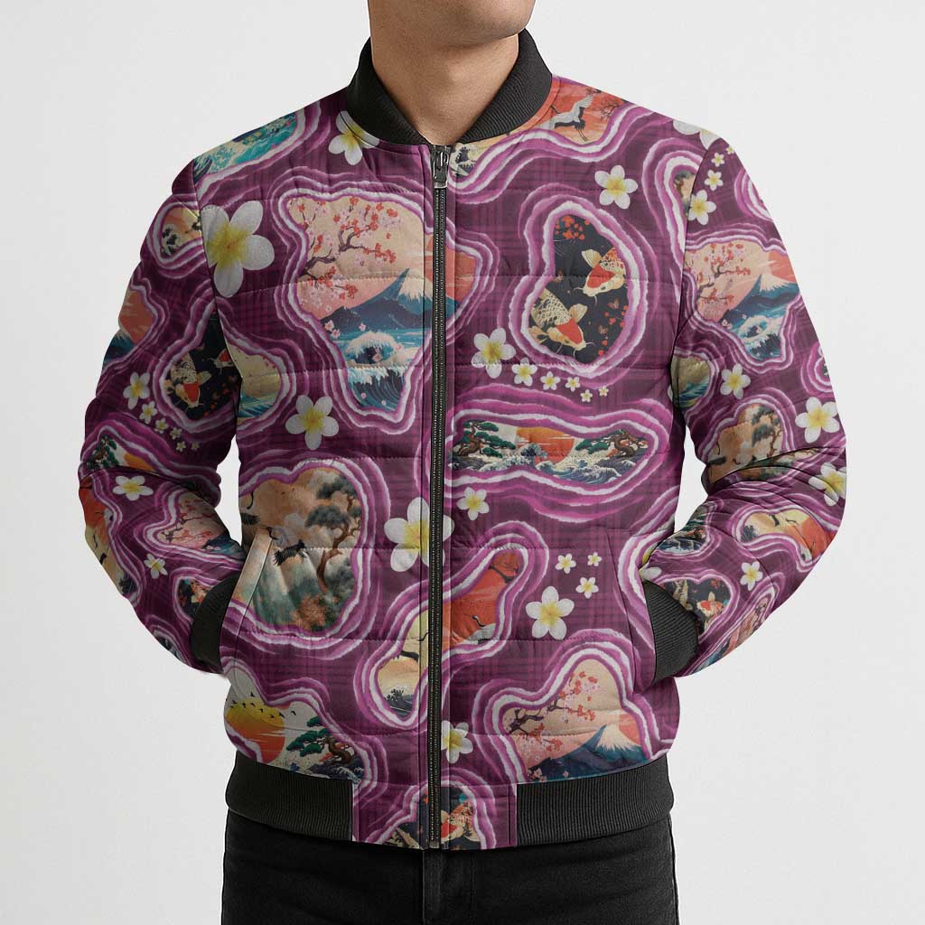 Hawaii Islands Map Design with Japanese Landscape Bomber Puffer Jacket Hawaiian Japan Fusion Art Pink Color LT03 - Polynesian Pride