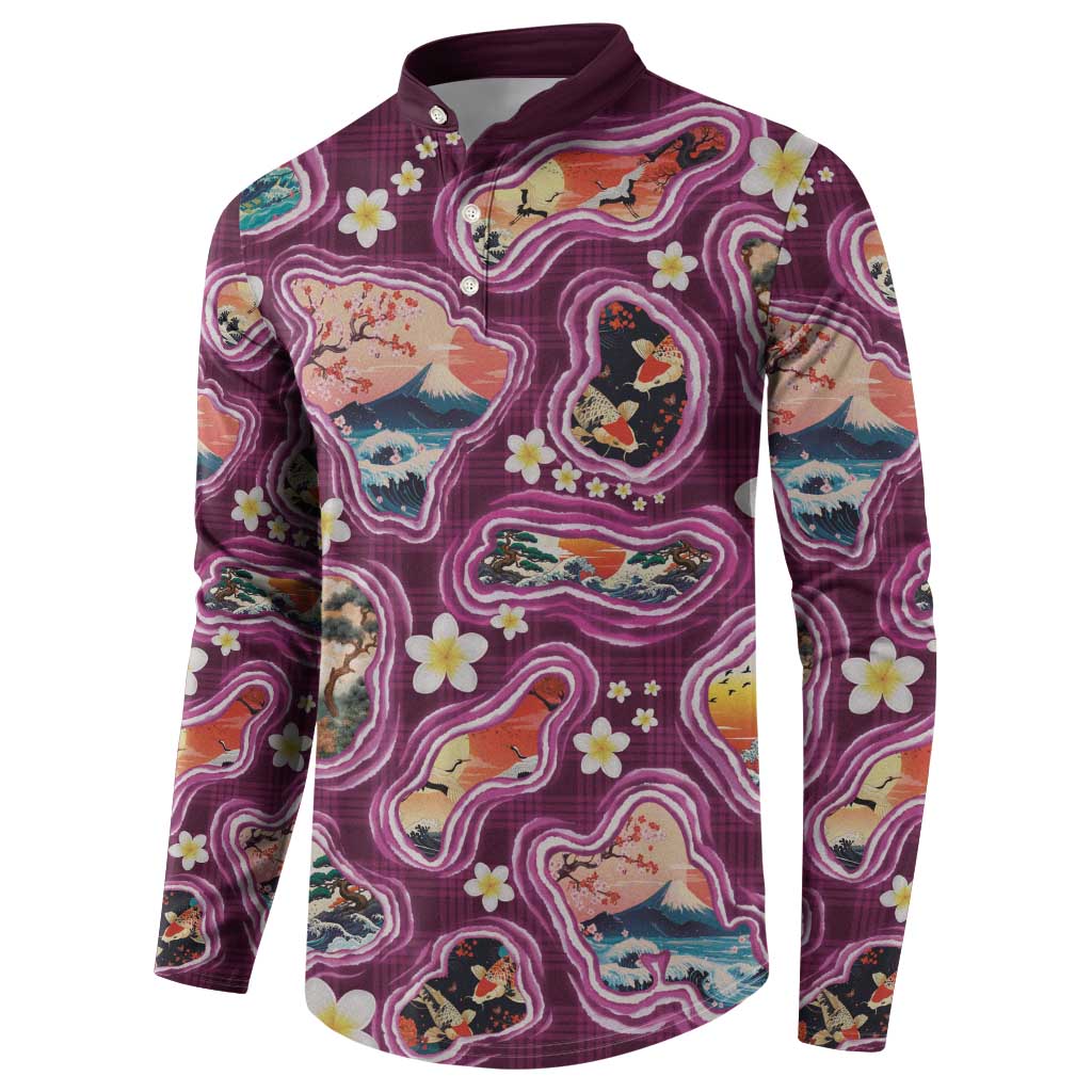 Hawaii Islands Map Design with Japanese Landscape Button Sweatshirt Hawaiian Japan Fusion Art Pink Color LT03 - Polynesian Pride