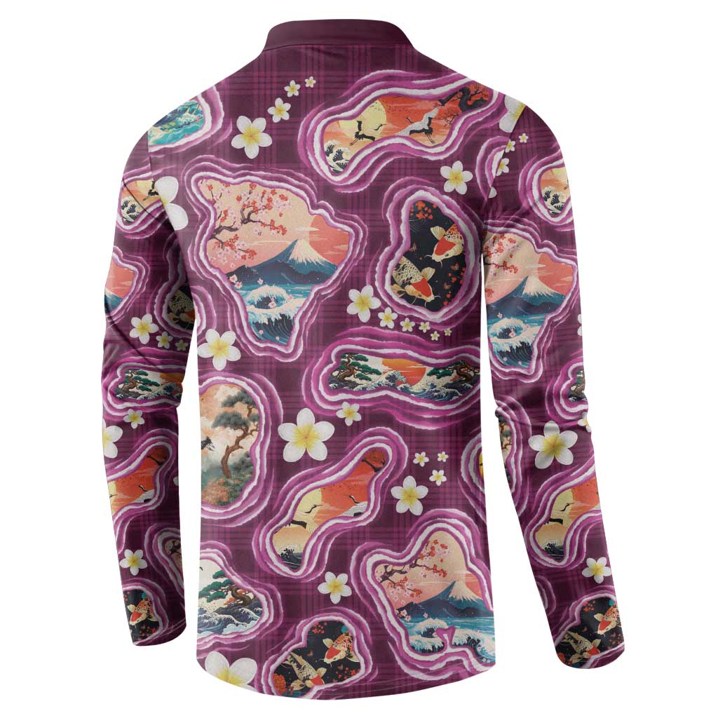 Hawaii Islands Map Design with Japanese Landscape Button Sweatshirt Hawaiian Japan Fusion Art Pink Color LT03 - Polynesian Pride