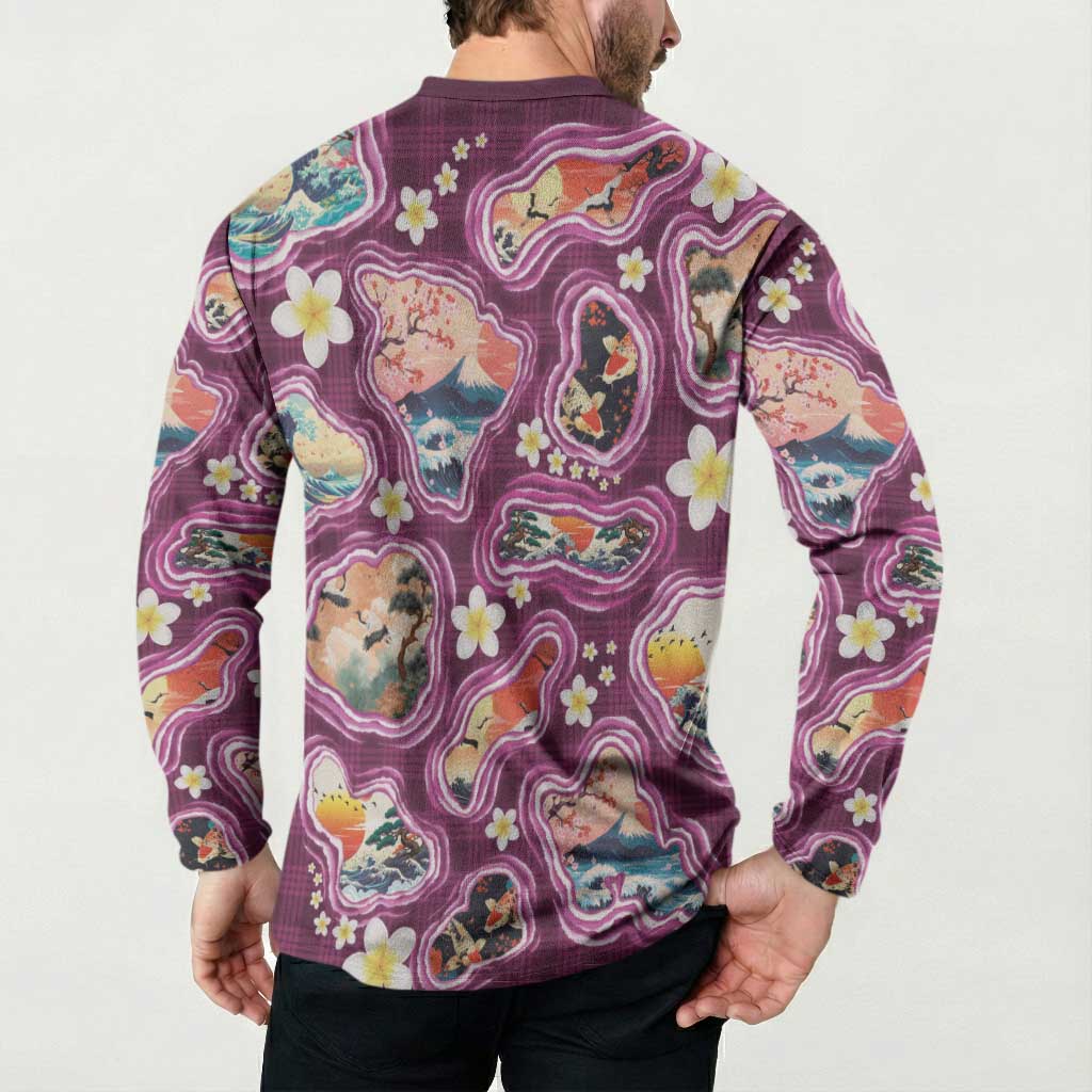 Hawaii Islands Map Design with Japanese Landscape Button Sweatshirt Hawaiian Japan Fusion Art Pink Color LT03 - Polynesian Pride