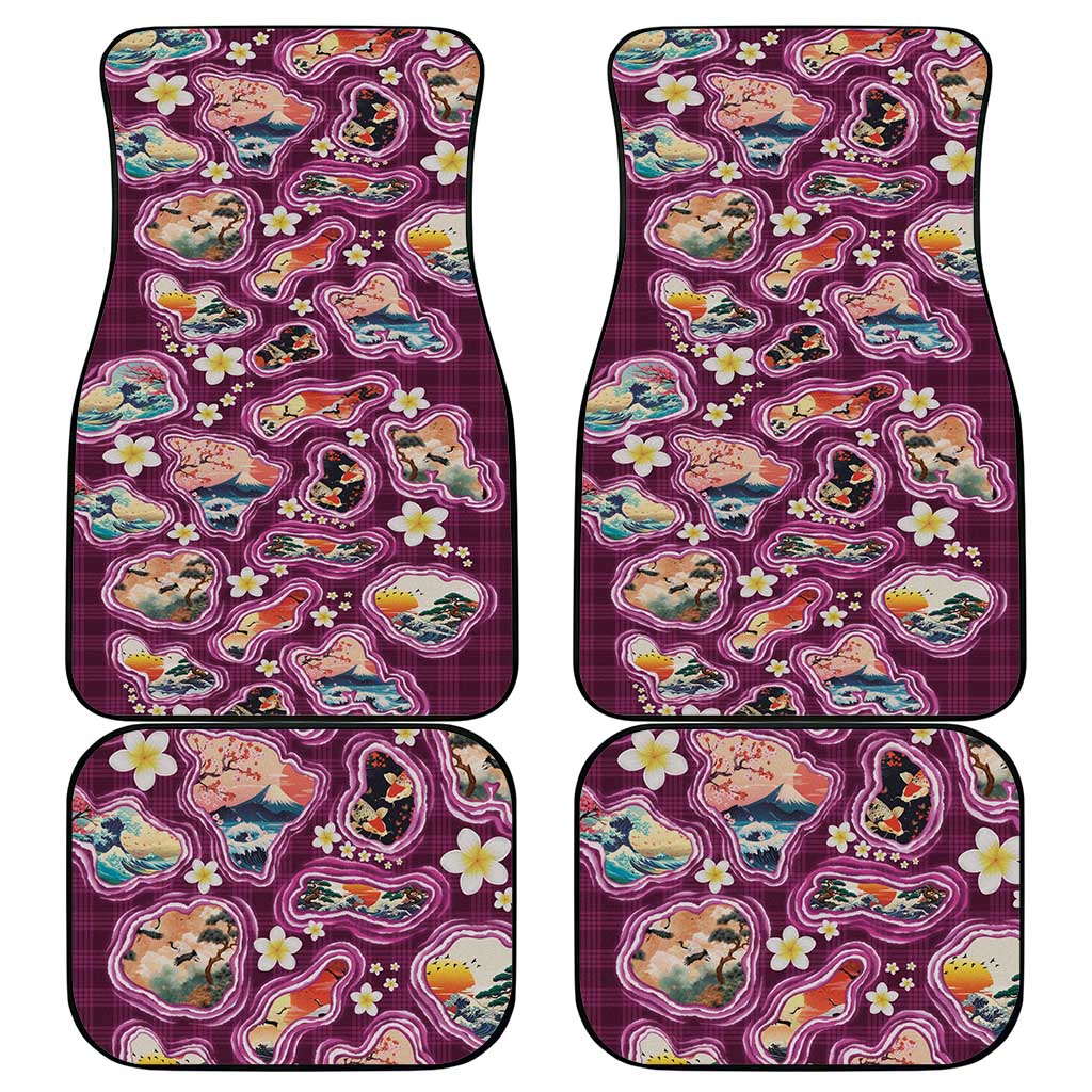 Hawaii Islands Map Design with Japanese Landscape Car Mats Hawaiian Japan Fusion Art Pink Color LT03 - Polynesian Pride