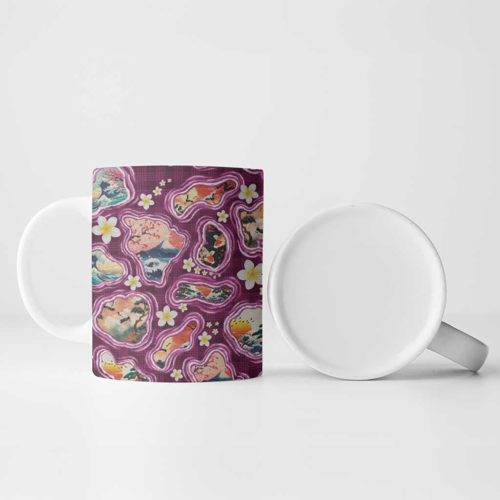 Hawaii Islands Map Design with Japanese Landscape Ceramic Mug Hawaiian Japan Fusion Art Pink Color LT03 - Polynesian Pride