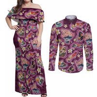 Hawaii Islands Map Design with Japanese Landscape Couples Matching Off Shoulder Maxi Dress and Long Sleeve Button Shirt Hawaiian Japan Fusion Art Pink Color LT03 Pink - Polynesian Pride