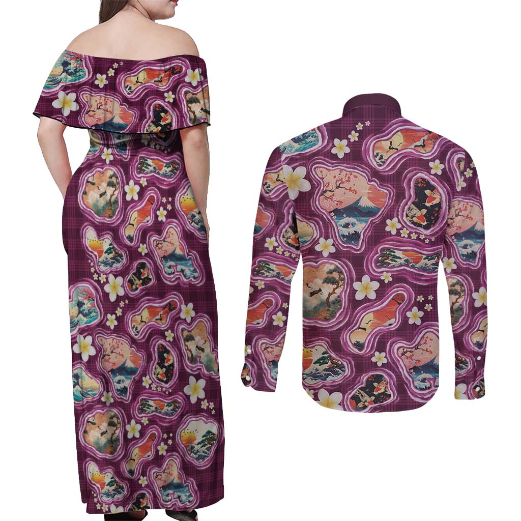 Hawaii Islands Map Design with Japanese Landscape Couples Matching Off Shoulder Maxi Dress and Long Sleeve Button Shirt Hawaiian Japan Fusion Art Pink Color LT03 - Polynesian Pride