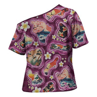 Hawaii Islands Map Design with Japanese Landscape Cross Shoulder Shirt Hawaiian Japan Fusion Art Pink Color LT03 - Polynesian Pride
