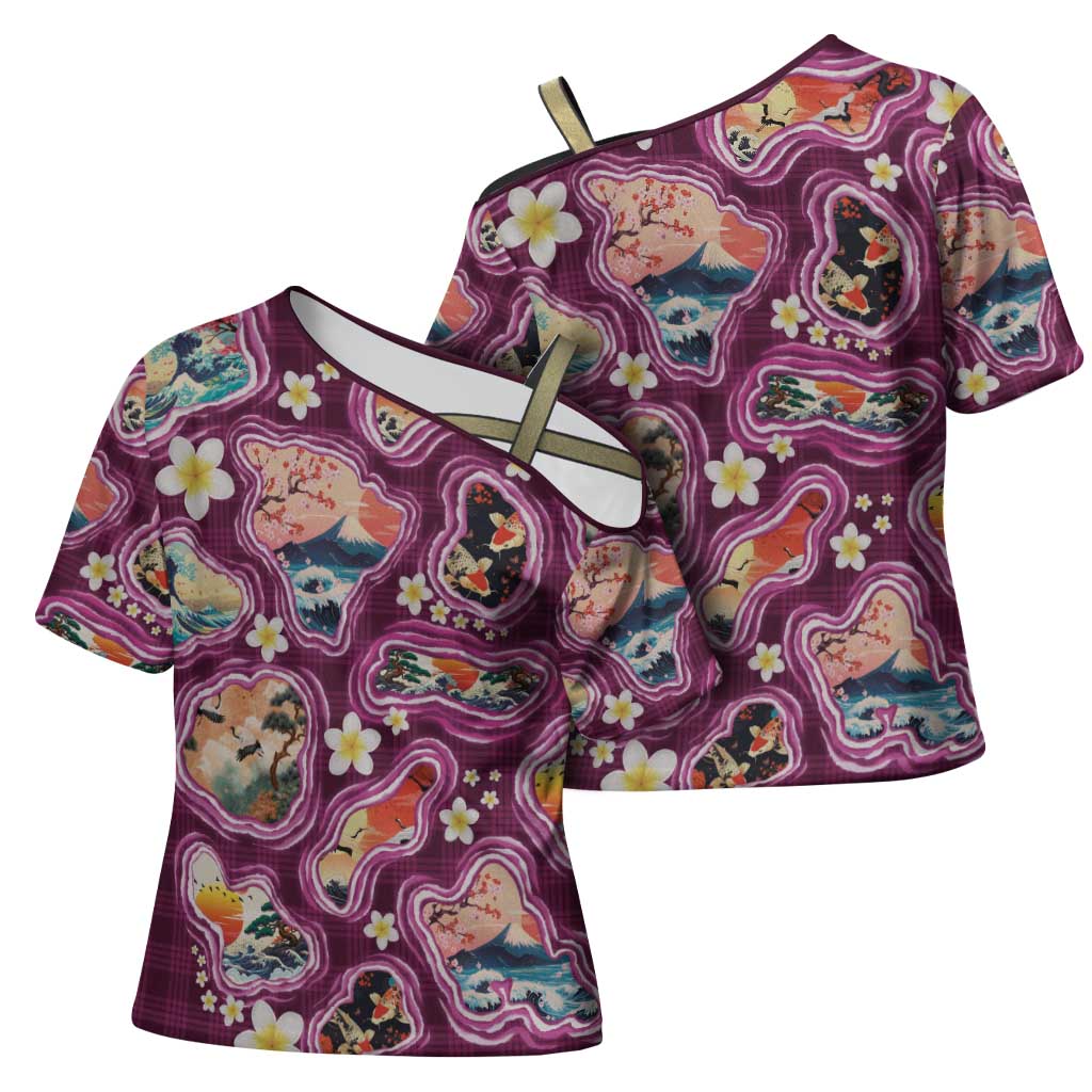 Hawaii Islands Map Design with Japanese Landscape Cross Shoulder Shirt Hawaiian Japan Fusion Art Pink Color LT03 - Polynesian Pride