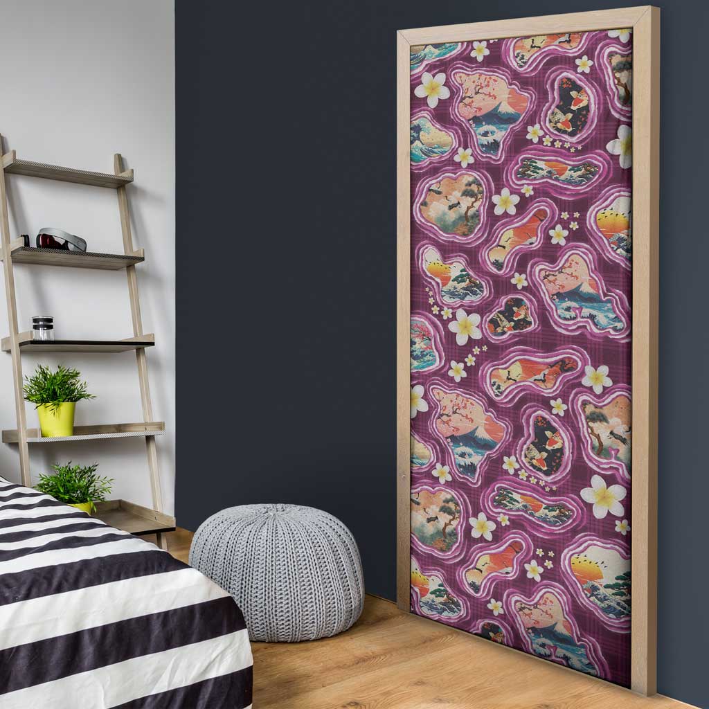 Hawaii Islands Map Design with Japanese Landscape Door Cover Hawaiian Japan Fusion Art Pink Color LT03 - Polynesian Pride
