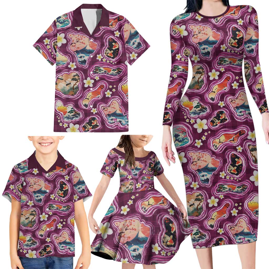 Hawaii Islands Map Design with Japanese Landscape Family Matching Long Sleeve Bodycon Dress and Hawaiian Shirt Hawaiian Japan Fusion Art Pink Color
