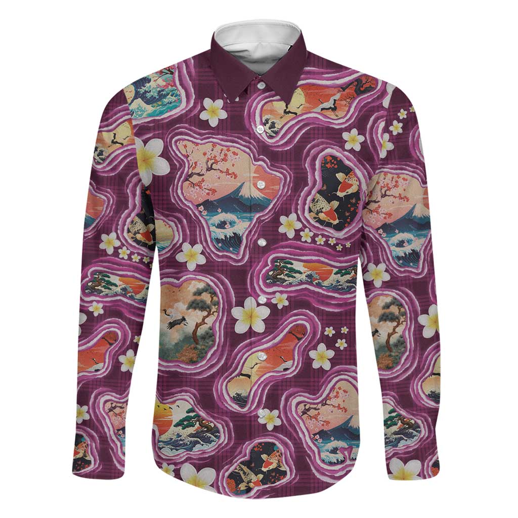 Hawaii Islands Map Design with Japanese Landscape Family Matching Mermaid Dress and Hawaiian Shirt Hawaiian Japan Fusion Art Pink Color LT03 Dad's Shirt - Long Sleeve Pink - Polynesian Pride