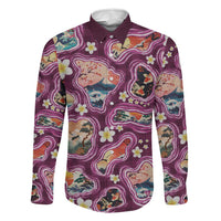 Hawaii Islands Map Design with Japanese Landscape Family Matching Off Shoulder Maxi Dress and Hawaiian Shirt Hawaiian Japan Fusion Art Pink Color LT03 Dad's Shirt - Long Sleeve Pink - Polynesian Pride