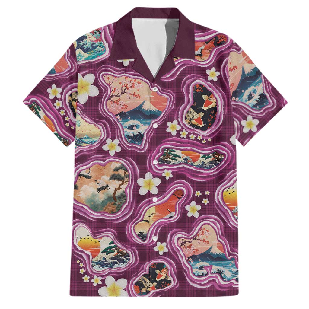 Hawaii Islands Map Design with Japanese Landscape Family Matching Short Sleeve Bodycon Dress and Hawaiian Shirt Hawaiian Japan Fusion Art Pink Color LT03 Dad's Shirt - Short Sleeve Pink - Polynesian Pride
