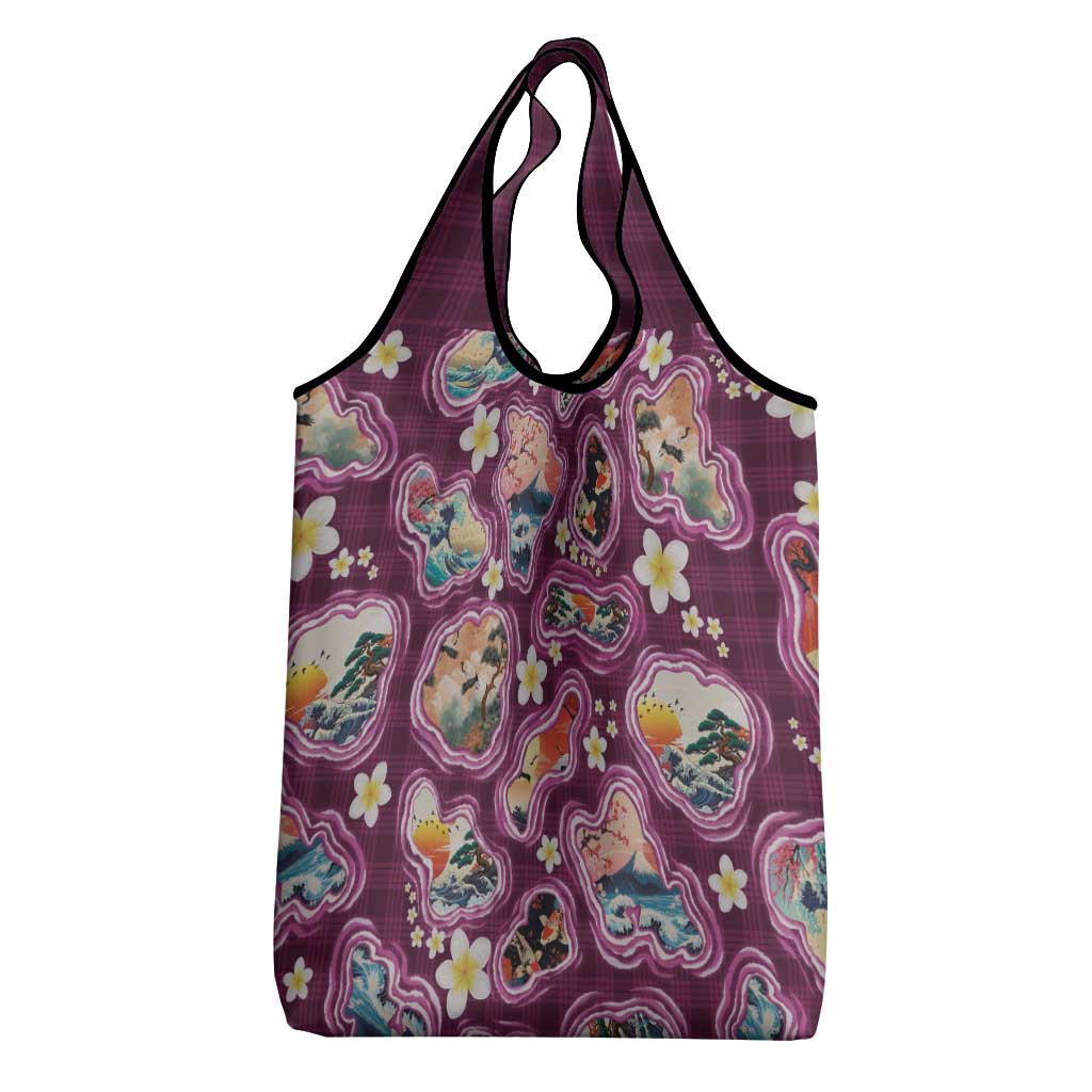 Hawaii Islands Map Design with Japanese Landscape Grocery Bag Hawaiian Japan Fusion Art Pink Color LT03 - Polynesian Pride