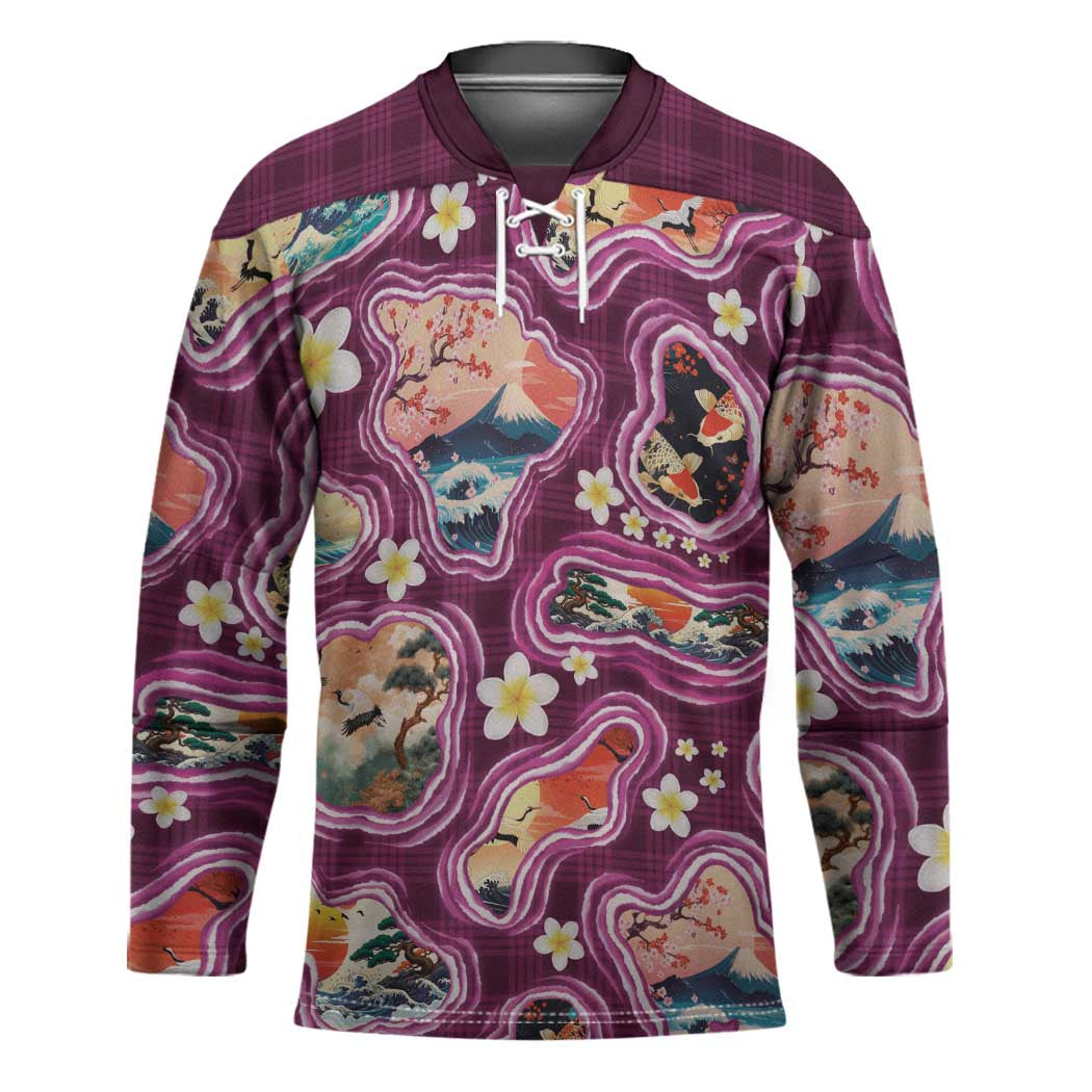 Hawaii Islands Map Design with Japanese Landscape Hockey Jersey Hawaiian Japan Fusion Art Pink Color LT03 Unisex Pink - Polynesian Pride