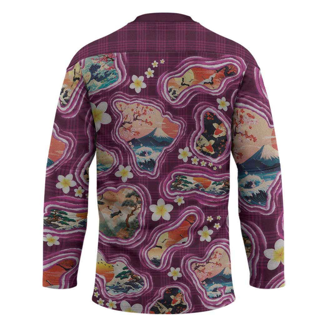 Hawaii Islands Map Design with Japanese Landscape Hockey Jersey Hawaiian Japan Fusion Art Pink Color LT03 - Polynesian Pride