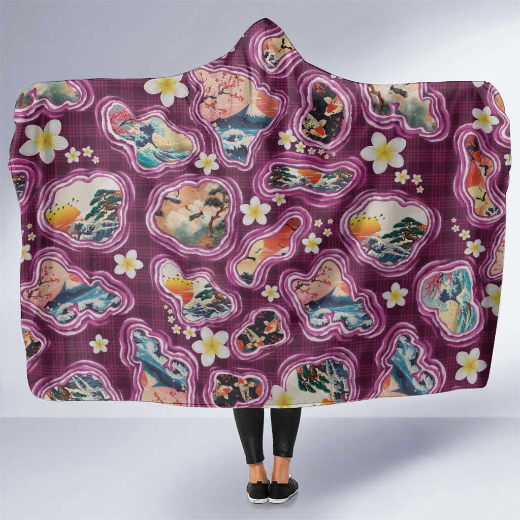 Hawaii Islands Map Design with Japanese Landscape Hooded Blanket Hawaiian Japan Fusion Art Pink Color LT03 One Size Pink - Polynesian Pride
