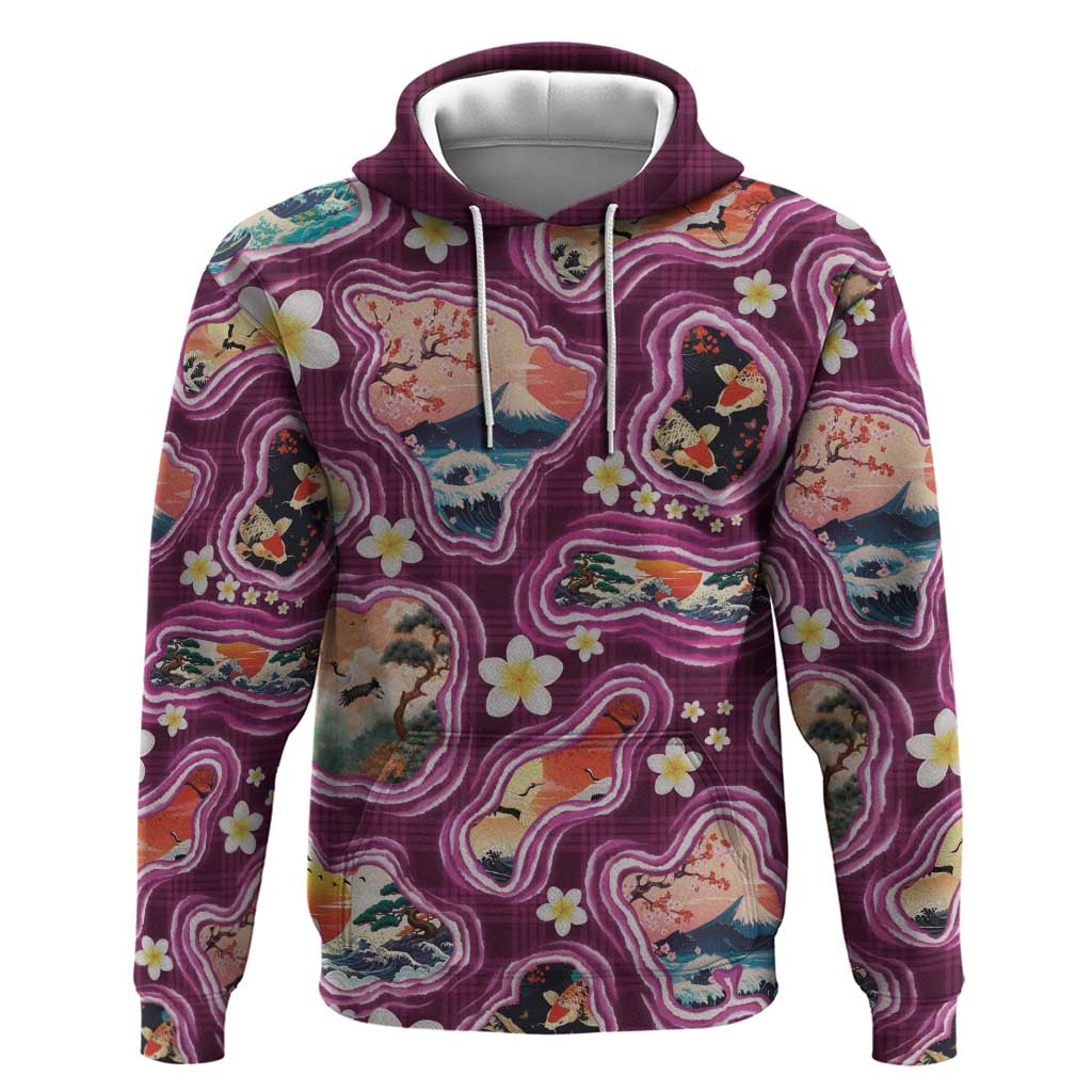 Hawaii Islands Map Design with Japanese Landscape Hoodie Hawaiian Japan Fusion Art Pink Color LT03 Pullover Hoodie Pink - Polynesian Pride