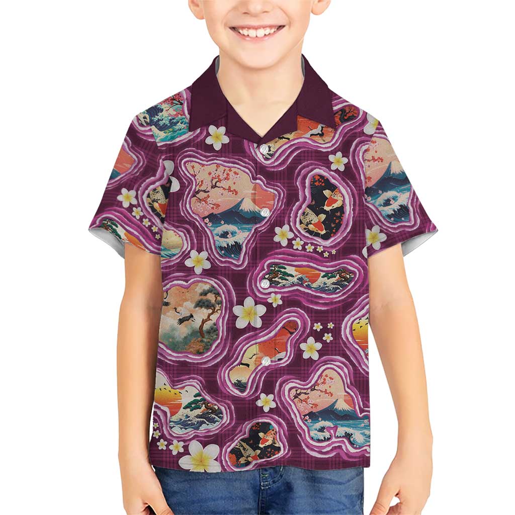 Hawaii Islands Map Design with Japanese Landscape Kid Hawaiian Shirt Hawaiian Japan Fusion Art Pink Color LT03 Kid Pink - Polynesian Pride