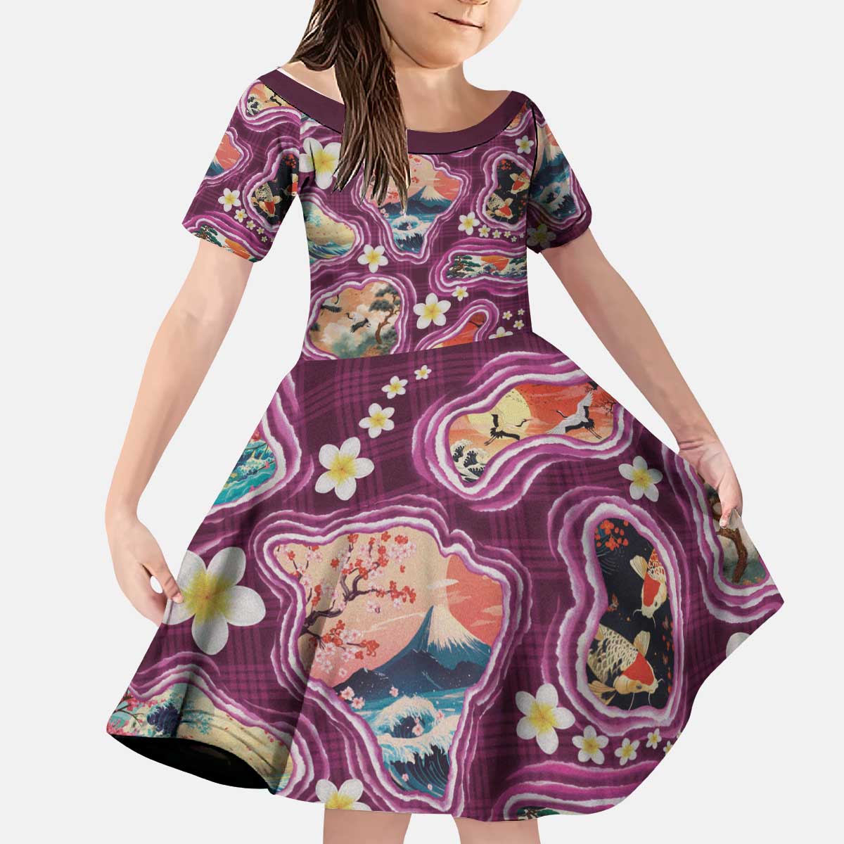 Hawaii Islands Map Design with Japanese Landscape Kid Short Sleeve Dress Hawaiian Japan Fusion Art Pink Color