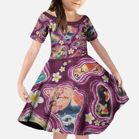 Hawaii Islands Map Design with Japanese Landscape Kid Short Sleeve Dress Hawaiian Japan Fusion Art Pink Color LT03 KID Pink - Polynesian Pride