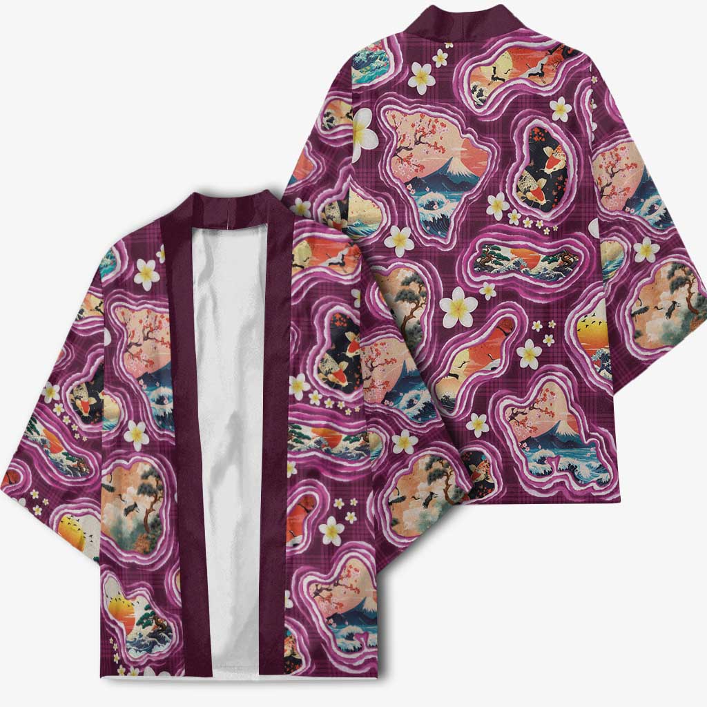 Hawaii Islands Map Design with Japanese Landscape Kimono Hawaiian Japan Fusion Art Pink Color LT03 - Polynesian Pride