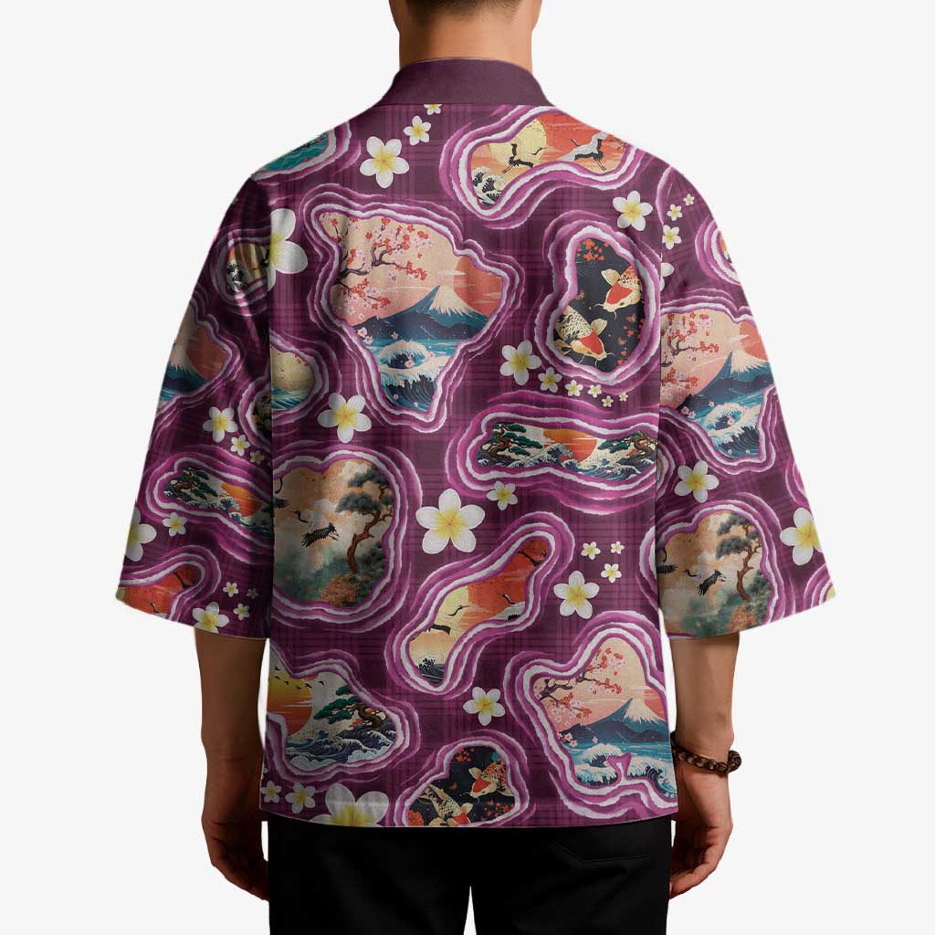 Hawaii Islands Map Design with Japanese Landscape Kimono Hawaiian Japan Fusion Art Pink Color LT03 - Polynesian Pride