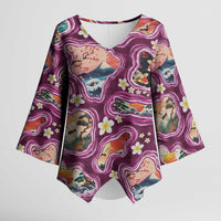 Hawaii Islands Map Design with Japanese Landscape Kimono Sleeve Blouse Hawaiian Japan Fusion Art Pink Color LT03 Female Pink - Polynesian Pride