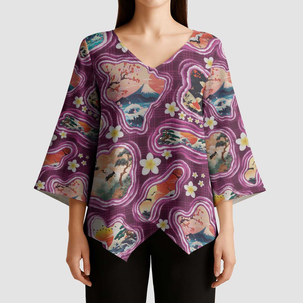 Hawaii Islands Map Design with Japanese Landscape Kimono Sleeve Blouse Hawaiian Japan Fusion Art Pink Color LT03 - Polynesian Pride