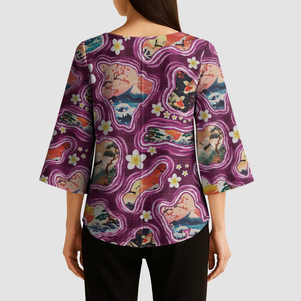 Hawaii Islands Map Design with Japanese Landscape Kimono Sleeve Blouse Hawaiian Japan Fusion Art Pink Color LT03 - Polynesian Pride