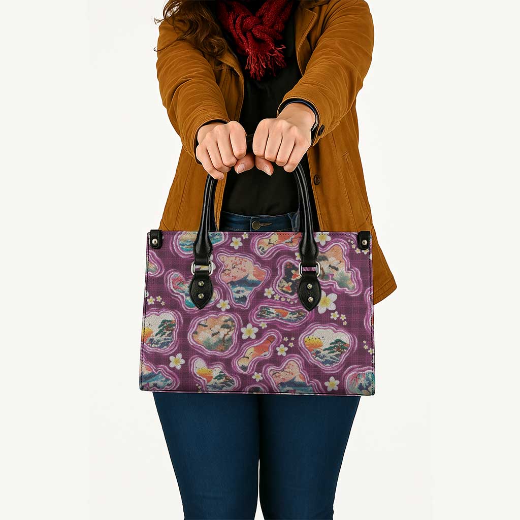 Hawaii Islands Map Design with Japanese Landscape Leather Bag Hawaiian Japan Fusion Art Pink Color LT03 - Polynesian Pride