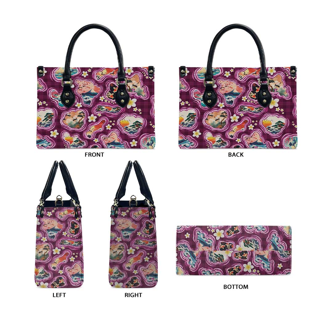 Hawaii Islands Map Design with Japanese Landscape Leather Bag Hawaiian Japan Fusion Art Pink Color LT03 - Polynesian Pride