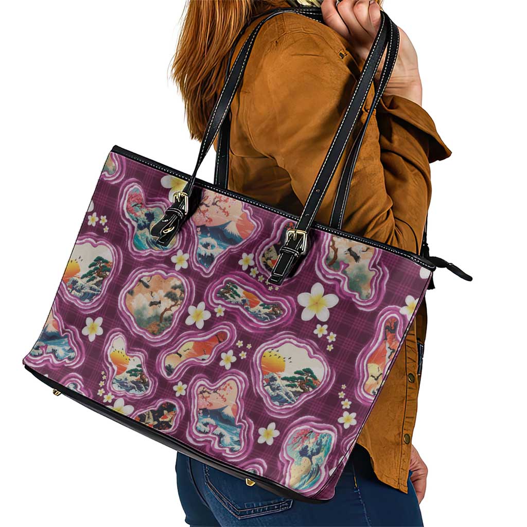 Hawaii Islands Map Design with Japanese Landscape Leather Tote Bag Hawaiian Japan Fusion Art Pink Color LT03 - Polynesian Pride