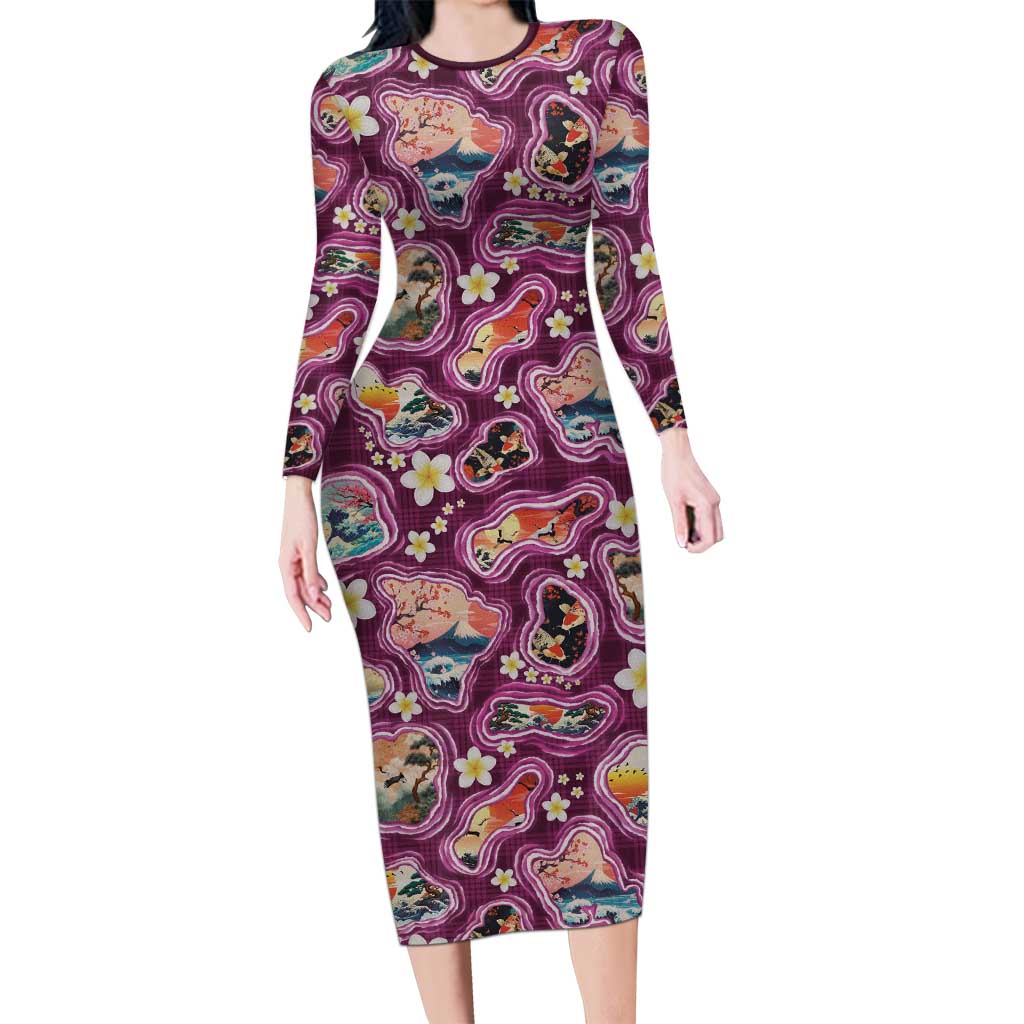 Hawaii Islands Map Design with Japanese Landscape Long Sleeve Bodycon Dress Hawaiian Japan Fusion Art Pink Color