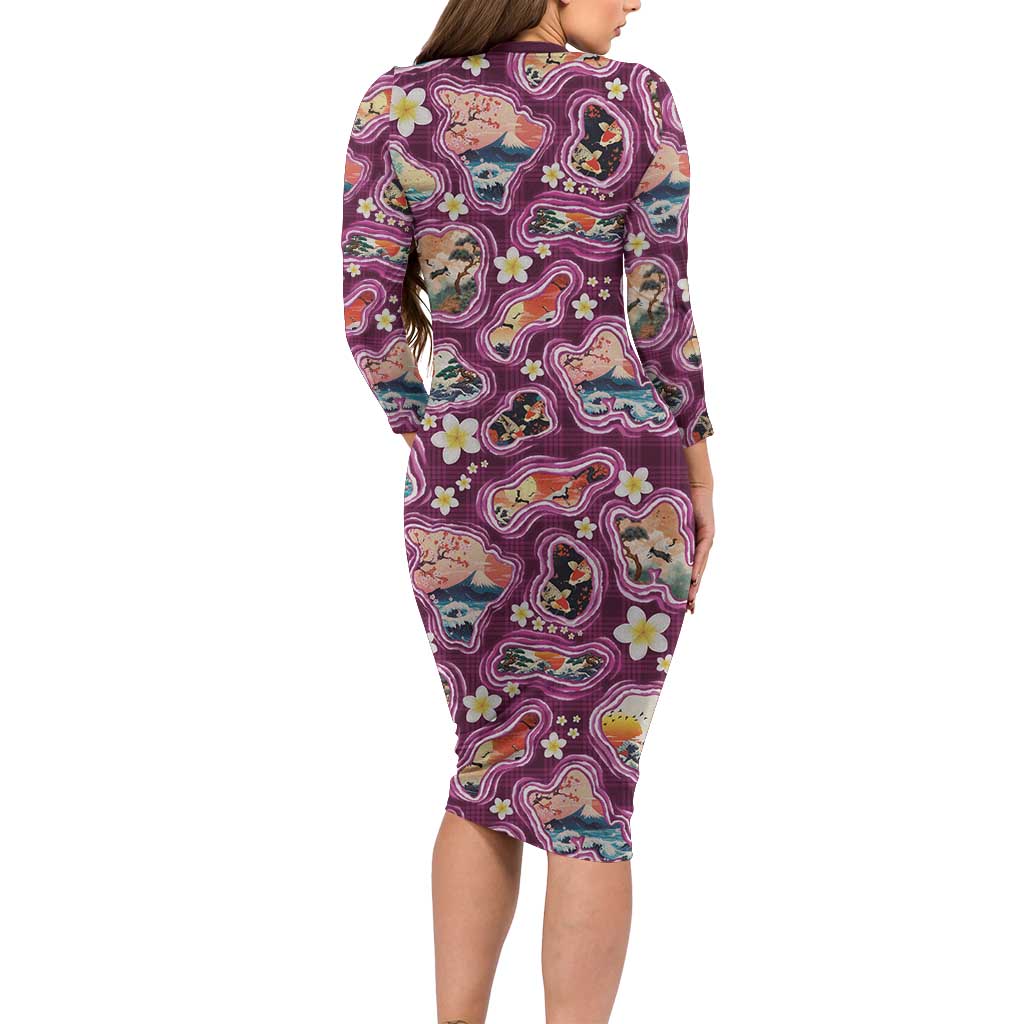 Hawaii Islands Map Design with Japanese Landscape Long Sleeve Bodycon Dress Hawaiian Japan Fusion Art Pink Color LT03 - Polynesian Pride