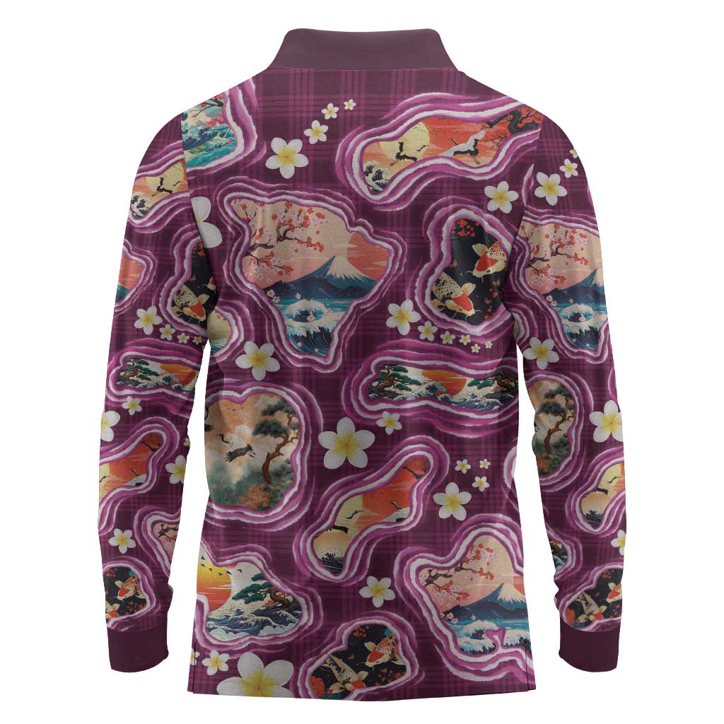 Hawaii Islands Map Design with Japanese Landscape Long Sleeve Polo Shirt Hawaiian Japan Fusion Art Pink Color LT03 - Polynesian Pride