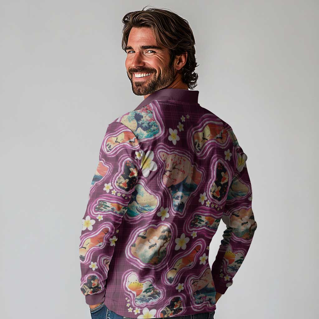 Hawaii Islands Map Design with Japanese Landscape Long Sleeve Polo Shirt Hawaiian Japan Fusion Art Pink Color LT03 - Polynesian Pride