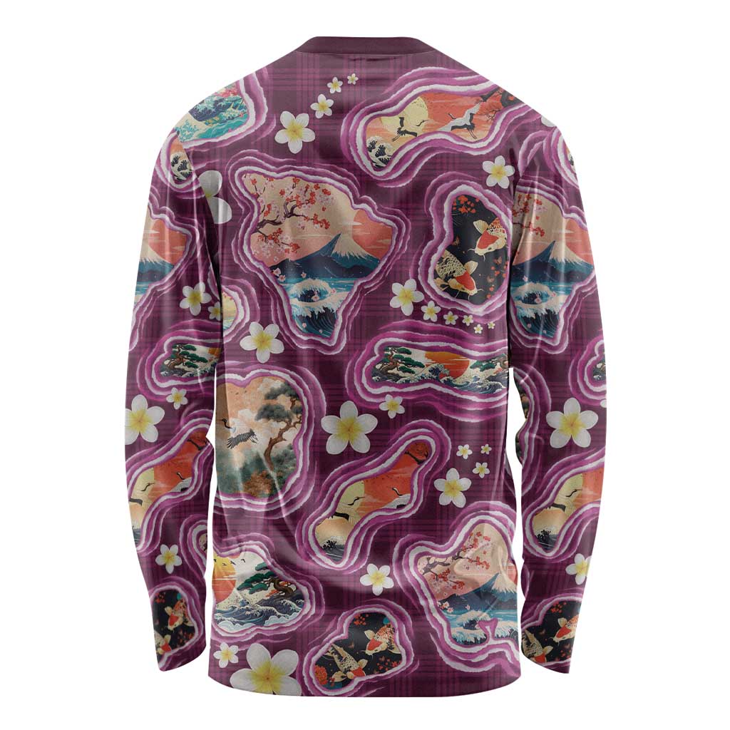 Hawaii Islands Map Design with Japanese Landscape Long Sleeve Shirt Hawaiian Japan Fusion Art Pink Color LT03 - Polynesian Pride