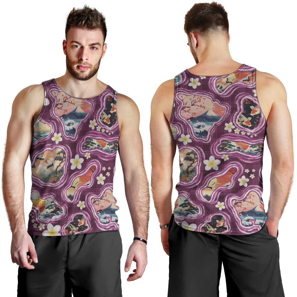 Hawaii Islands Map Design with Japanese Landscape Men Tank Top Hawaiian Japan Fusion Art Pink Color LT03 - Polynesian Pride