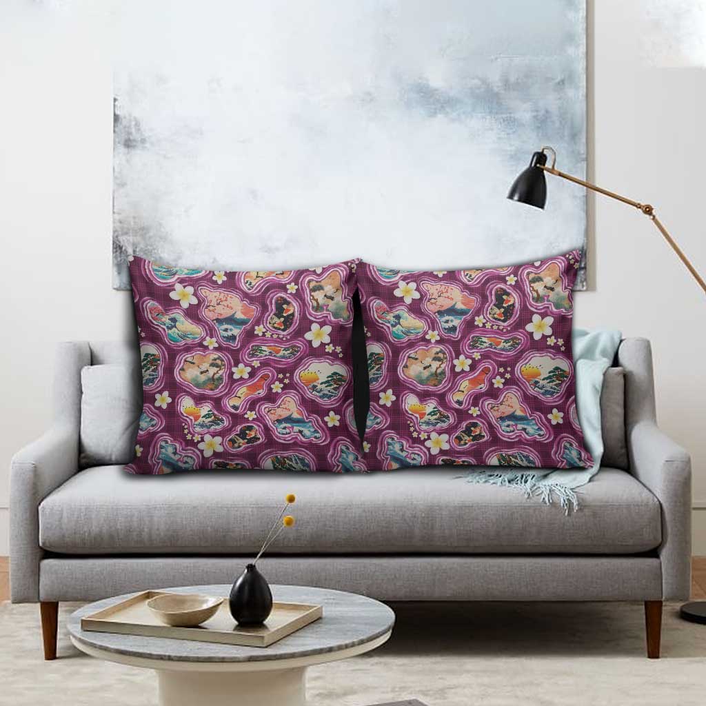 Hawaii Islands Map Design with Japanese Landscape Pillow Cover Hawaiian Japan Fusion Art Pink Color LT03 - Polynesian Pride