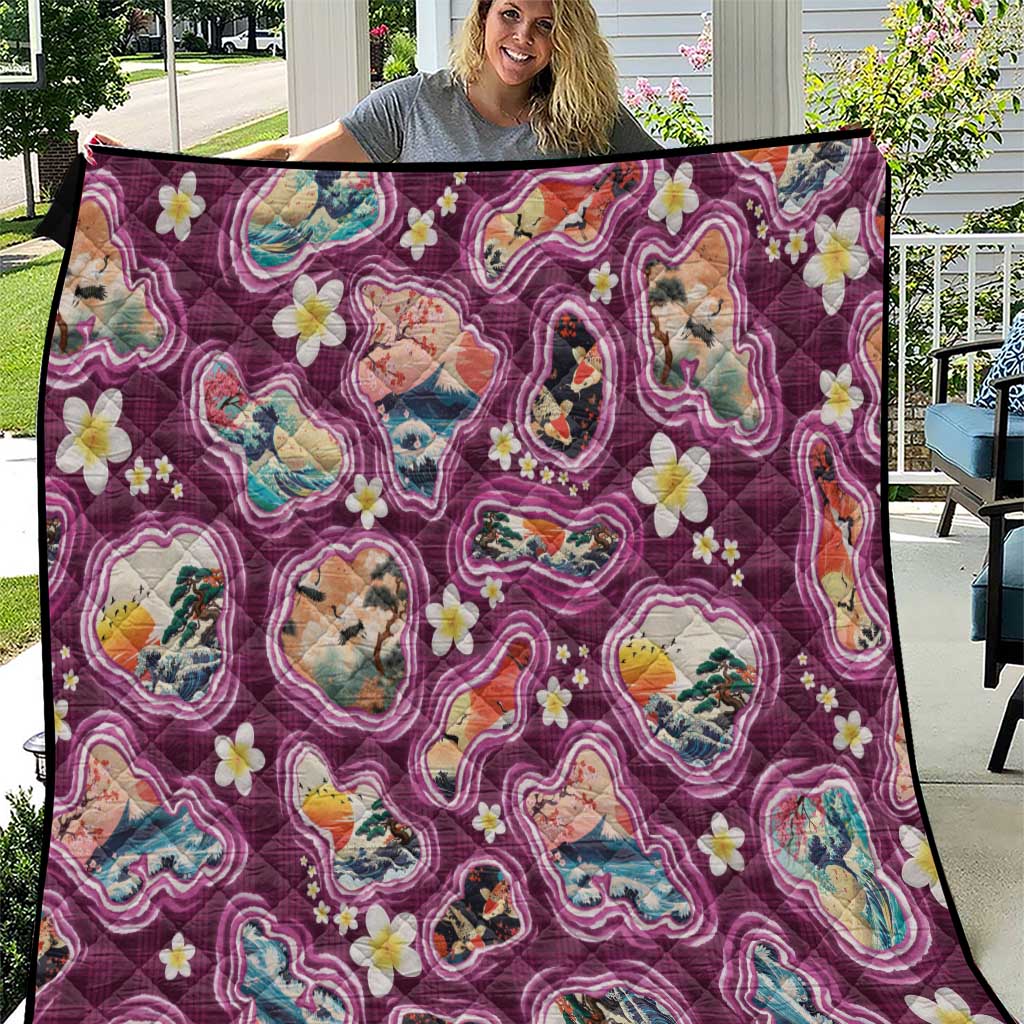 Hawaii Islands Map Design with Japanese Landscape Quilt Hawaiian Japan Fusion Art Pink Color LT03 Pink - Polynesian Pride
