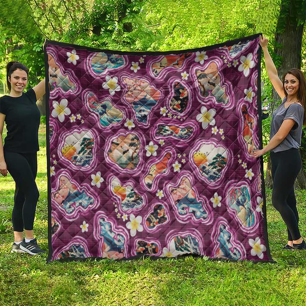 Hawaii Islands Map Design with Japanese Landscape Quilt Hawaiian Japan Fusion Art Pink Color LT03 - Polynesian Pride