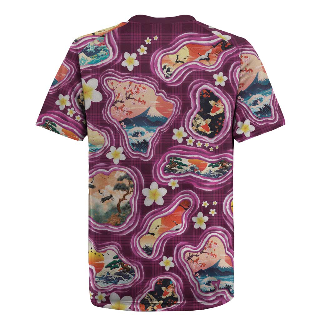 Hawaii Islands Map Design with Japanese Landscape Rugby Jersey Hawaiian Japan Fusion Art Pink Color LT03 - Polynesian Pride