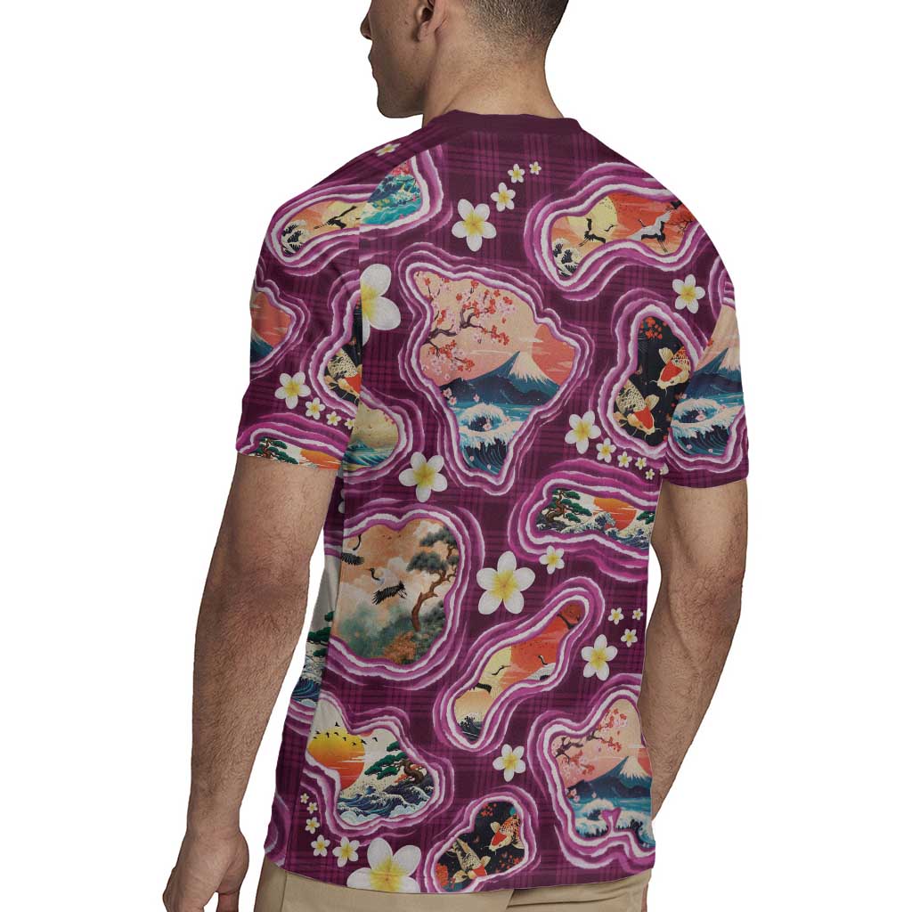 Hawaii Islands Map Design with Japanese Landscape Rugby Jersey Hawaiian Japan Fusion Art Pink Color LT03 - Polynesian Pride