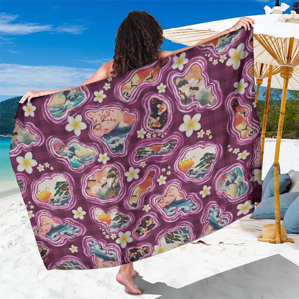 Hawaii Islands Map Design with Japanese Landscape Sarong Hawaiian Japan Fusion Art Pink Color