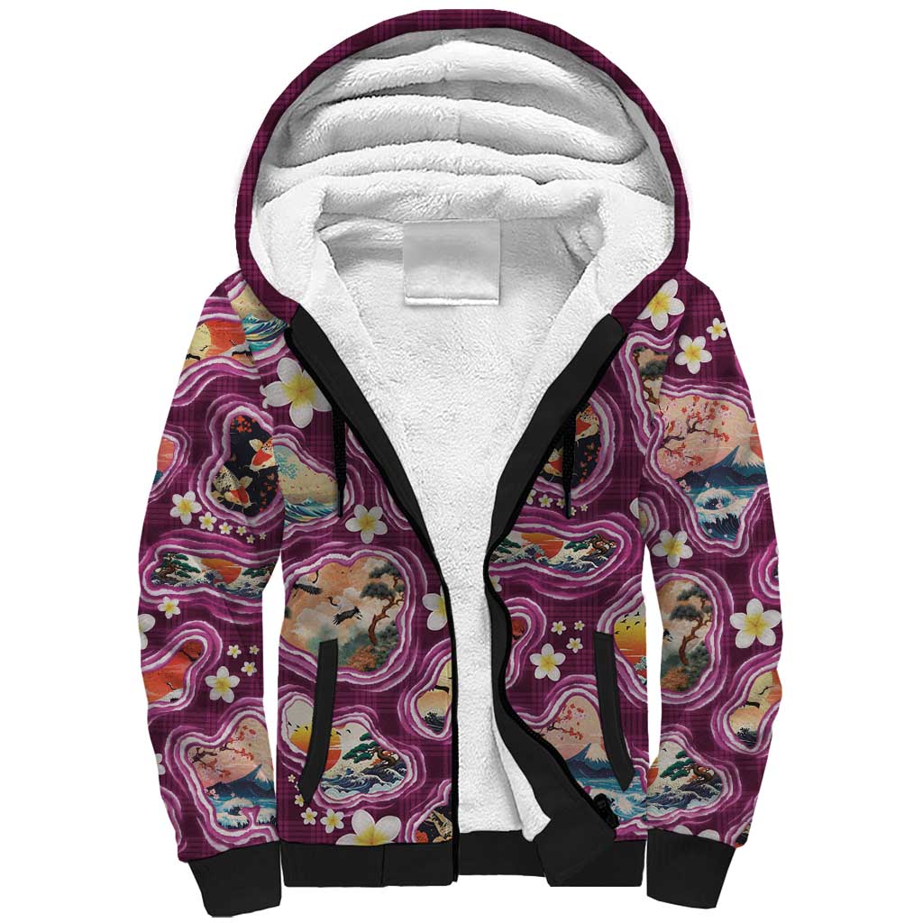 Hawaii Islands Map Design with Japanese Landscape Sherpa Hoodie Hawaiian Japan Fusion Art Pink Color LT03 Unisex Pink - Polynesian Pride