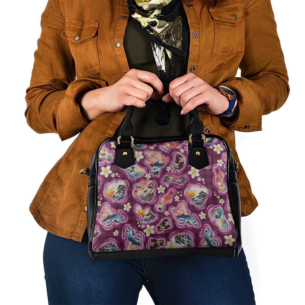 Hawaii Islands Map Design with Japanese Landscape Shoulder Handbag Hawaiian Japan Fusion Art Pink Color LT03 - Polynesian Pride