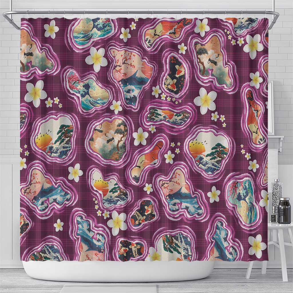 Hawaii Islands Map Design with Japanese Landscape Shower Curtain Hawaiian Japan Fusion Art Pink Color LT03 - Polynesian Pride