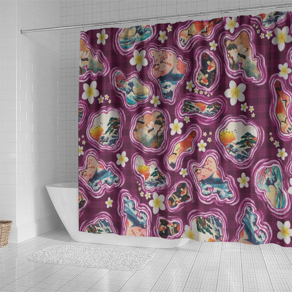 Hawaii Islands Map Design with Japanese Landscape Shower Curtain Hawaiian Japan Fusion Art Pink Color LT03 - Polynesian Pride