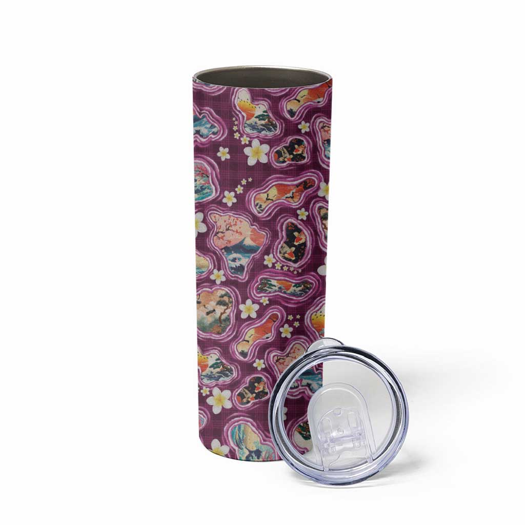 Hawaii Islands Map Design with Japanese Landscape Skinny Tumbler Hawaiian Japan Fusion Art Pink Color LT03 - Polynesian Pride